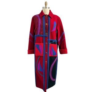 VTG Coloratura Red Wool Patchwork Maxi Coat Artsy Boho Avant Garde 80s 90s M
